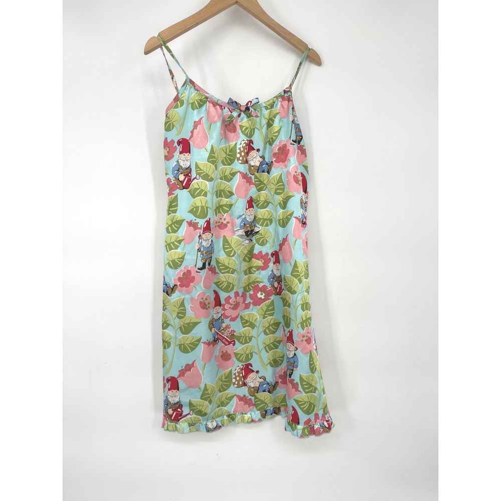 Nick & Nora Nightgown Women Size L Blue Gnome Garden Satin Ruffle Sleepwear